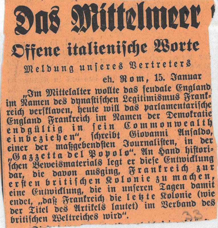 Articolo tratto da quotidiano tedesco, s.d. ma 1940