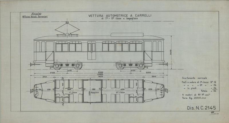 Vettura automotrice a carrelli di prima e seconda classe e bagagliaio
