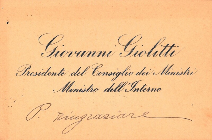 Biglietto di ringraziamento di Giovanni Giolitti, primi anni del '900