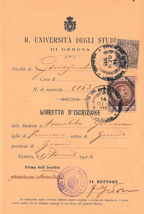 Libretto d'iscrizione, Università di Genova, 1914