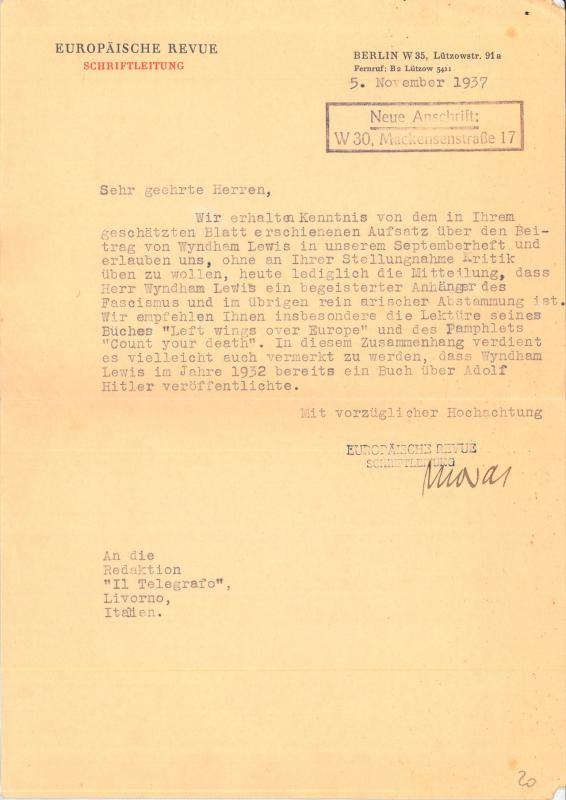 Lettera dalla rivista Europaische Revue a Giovanni Ansaldo, 5-10-1937