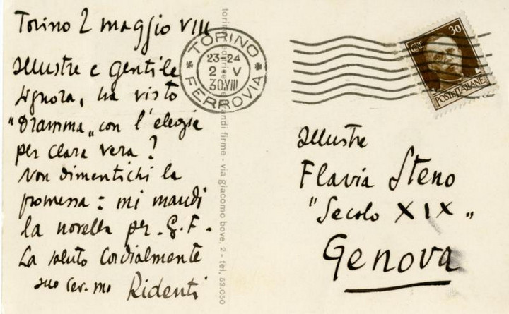 Cartolina postale inviata a Flavia Steno da Lucio Ridenti, 23 febbraio 1930, retro