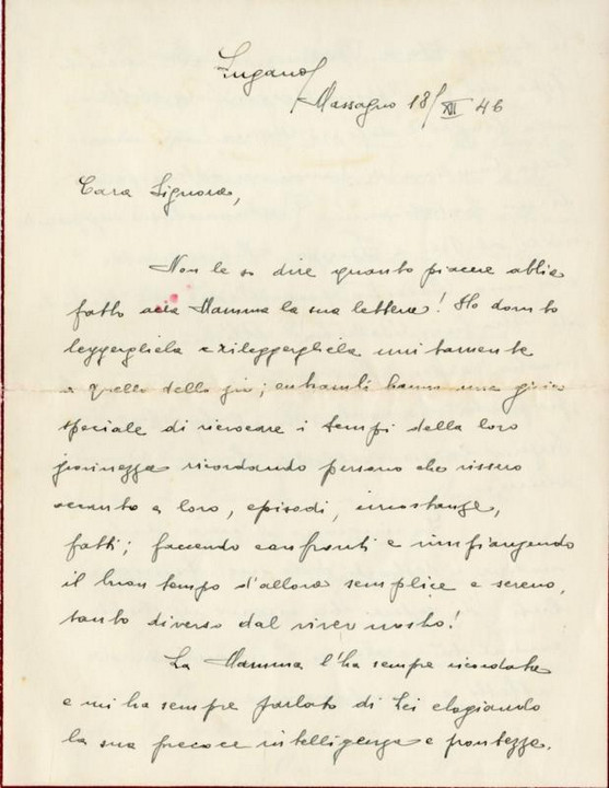 Lettera di Mariannina Nocetti, Lugano, 18 dicembre 1946, 1° parte.
Flavia Steno non lesse mai questa lettera in quanto morì improvvisamente il giorno successivo alla sua stesura, il 19 dicembre 1946.