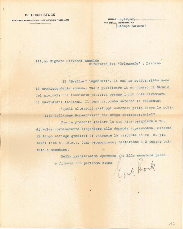 Lettera di Erich Stock a Giovanni Ansaldo, 8-12-1937