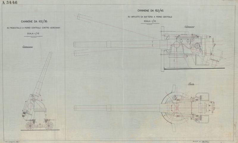 Cannone da 102/35 -  insieme del cannone su piedistallo 
Cannone da 152/45 - insieme del cannone su affusto