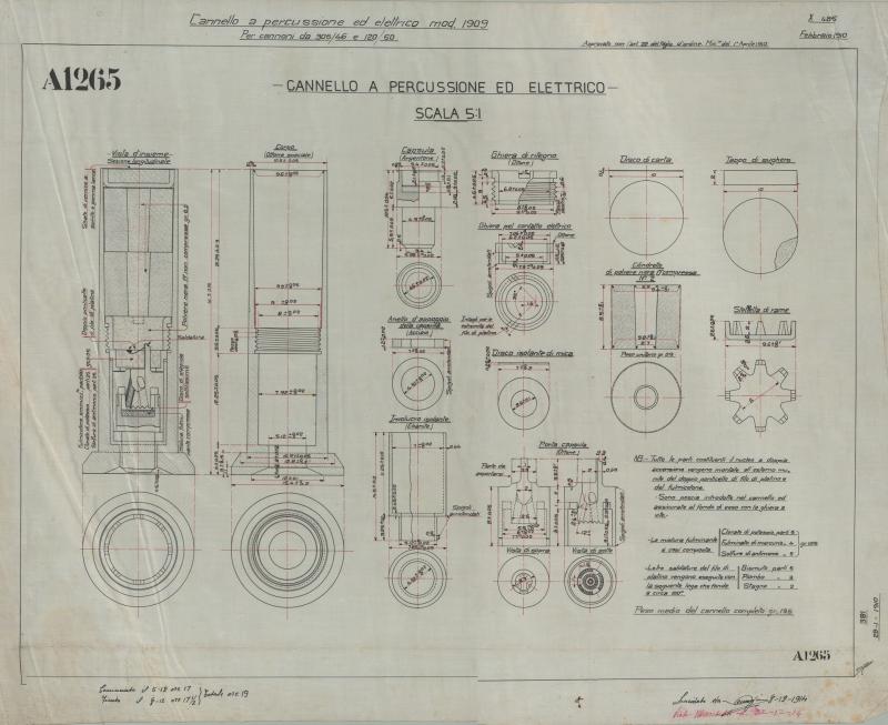 Cannoni da 305/46 e 120/50 - cannello a percussione ed elettrico modello 1909