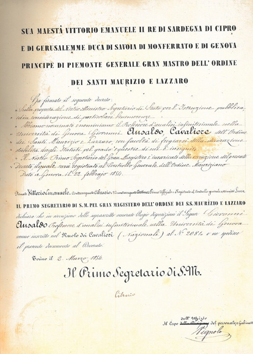 &quot;Nomina a cavaliere dei Santi Maurizio e Lazzaro a Giovanni Ansaldo&quot;