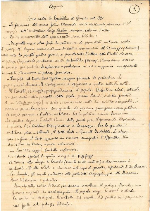 Prima pagina del manoscritto "Come cadde la Repubblica di Genova"