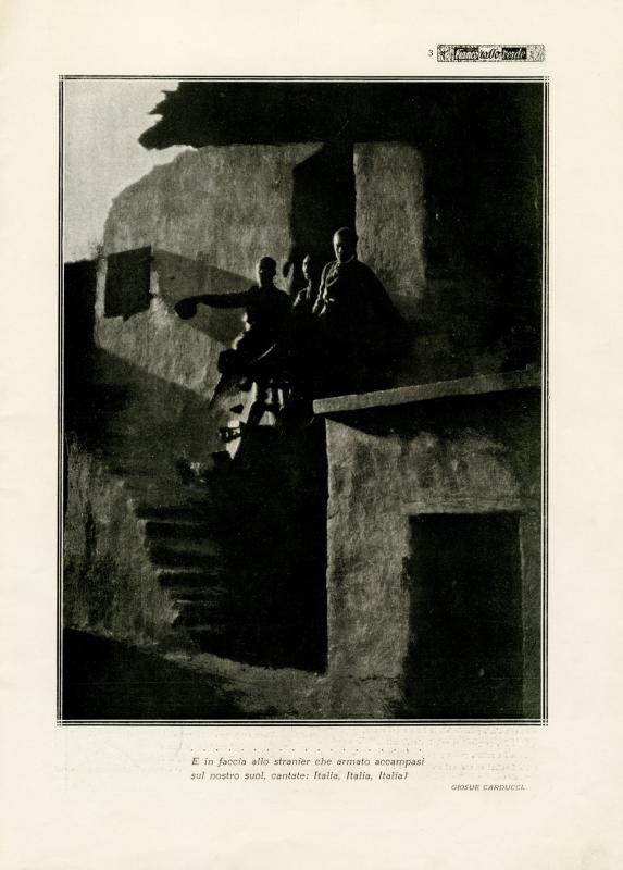 Bianco Rosso e Verde, n. 3, 1915 - Illustrazione di p. 3 con un verso di Carducci