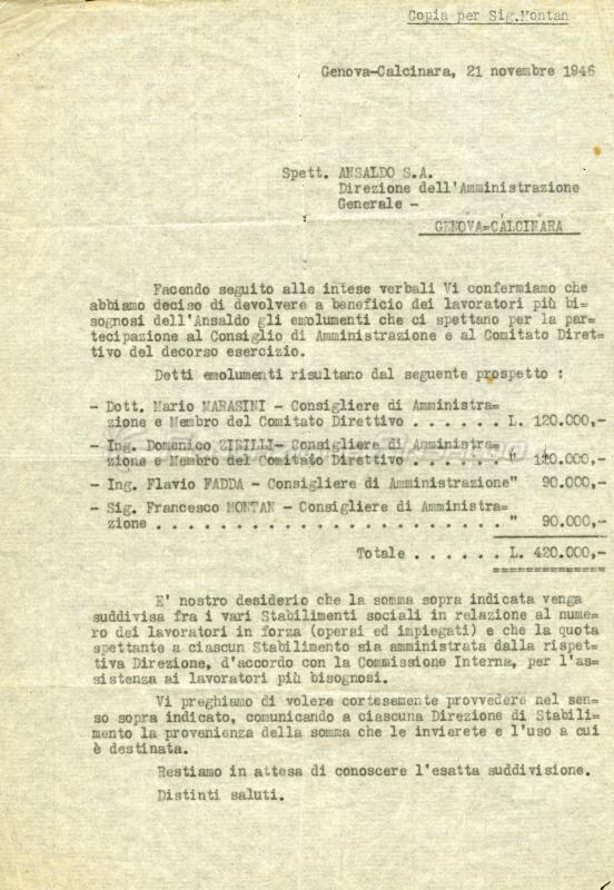 Lettera di elargizione a beneficio dei lavoratori più bisognosi