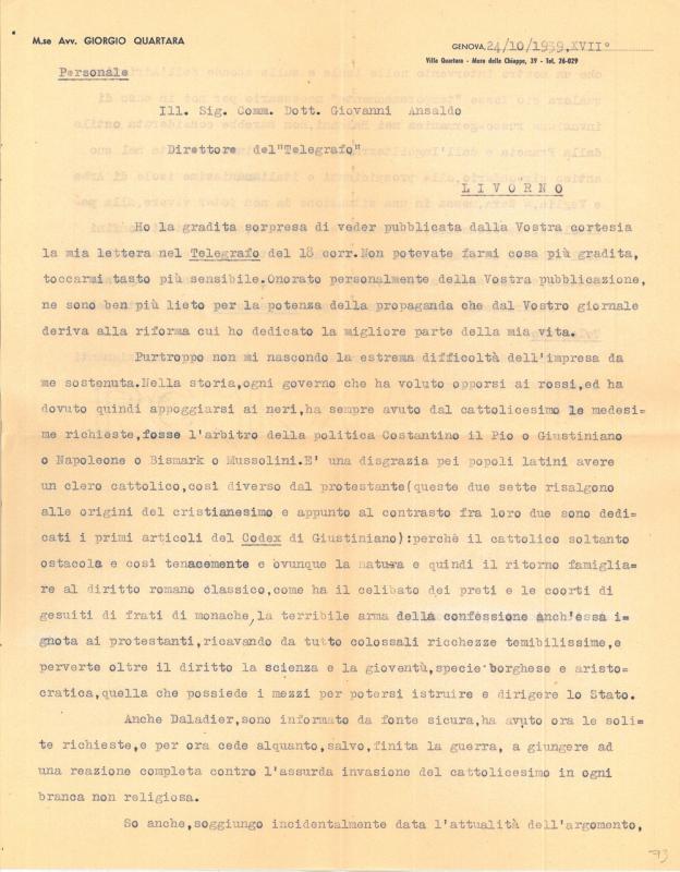 Lettera di Giorgio Quartara a Giovanni Ansaldo, 24-10-1939 (1)