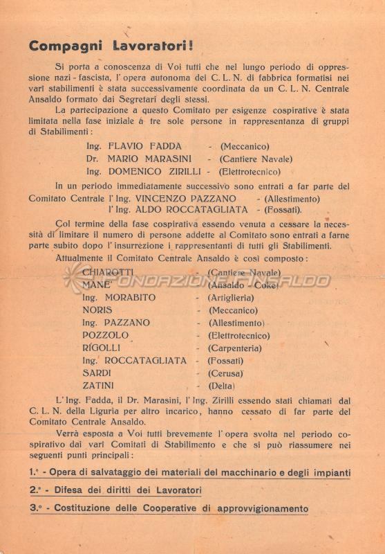 Volantino del Comitato di Liberazione Nazionale - Centrale Ansaldo