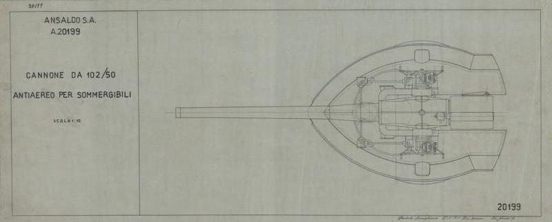 Cannone 102/50 antiaereo per sommergibili - vista in elevazione