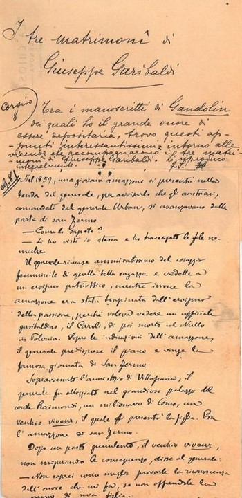 Prima pagina del manoscritto "I tre matrimoni di Garibaldi"