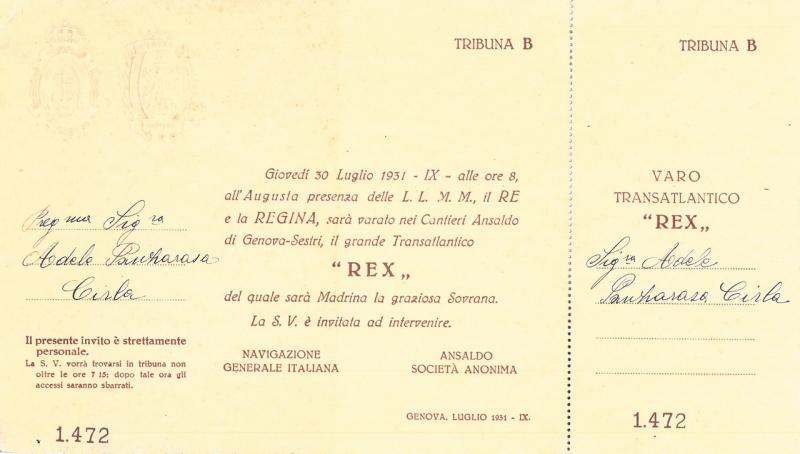 Rex (t/n) - biglietto di invito al varo del transatlantico