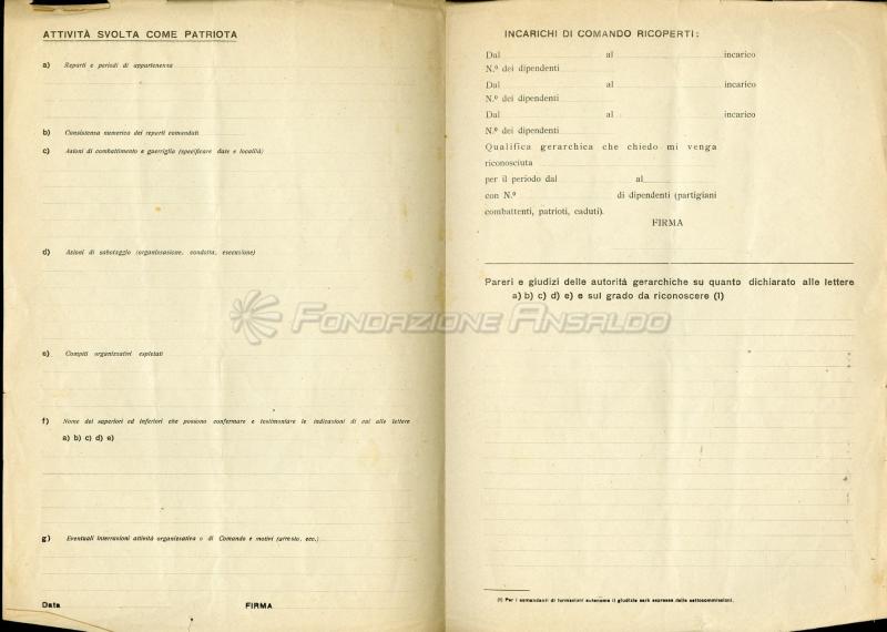 Scheda per il riconoscimento dei gradi ai Patrioti